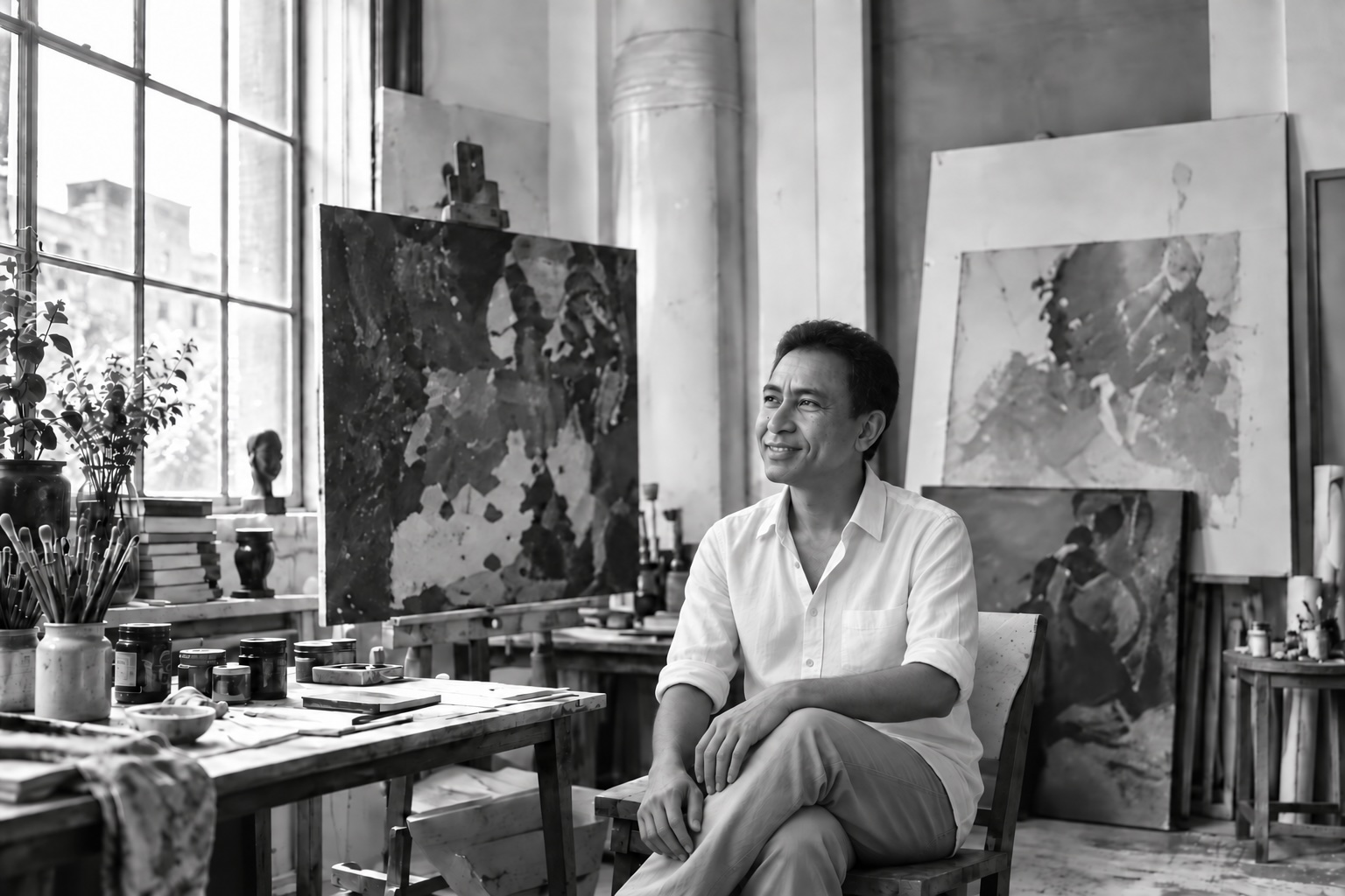An artist seated in a painting studio